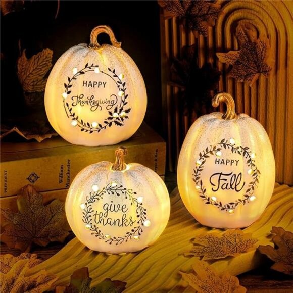 3 Pack Happy Fall White Pumpkin Light Tabletop Decor Set Pumpkin Resin with LED - Picture 7 of 7